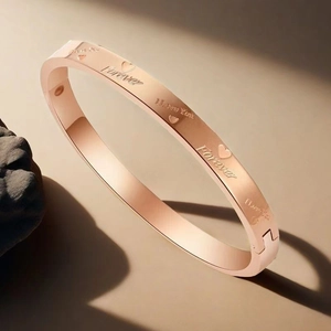 Jonc Minimaliste en Acier Inoxydable pour Femmes Forever I Love You Cœur Gravé Bracelet Manchette Ouvert Bijoux