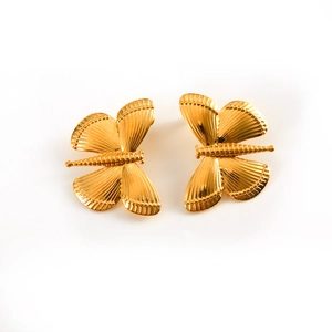 Minimalist 18K gold plated stainless steel dragonfly stud earrings on white background