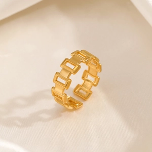 Hollow Geometric Stainless Steel Ring Rectangular Chain Link Adjustable Open Band Fashion Jewelry For Women