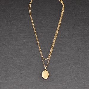 Double layered gold chain necklace with black enamel oval Elizabeth pendant
