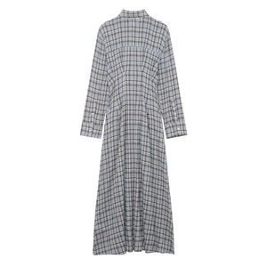 Back view of a long sleeve plaid shirt dress in classic blue and brown checkered pattern