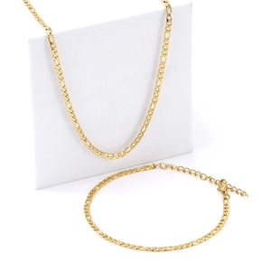 Golden stainless steel necklace and bracelet set with flat NK curb chain links