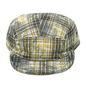 Detailed top view of 5-panel camp cap featuring a retro plaid pattern in blue and yellow