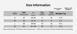 Detailed size chart for the women's cropped PU leather jacket showing S to XL measurements
