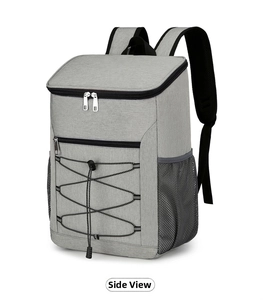 Side view of grey insulated lunch backpack with mesh pockets and bungee cord system