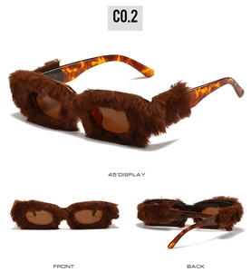 Three-view display of creative brown plush square sunglasses with tortoiseshell temples