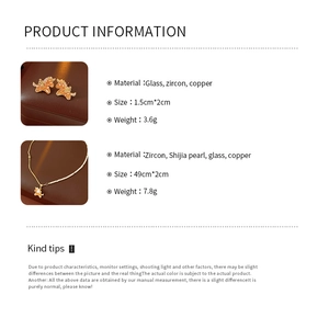 Detailed size and material specs for the unicorn zircon earrings and pearl necklace set