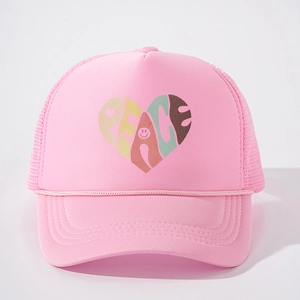 Rosa Foam Trucker Cap mit Herz-Peace-Print und atmungsaktivem Mesh-Netz für den Sport