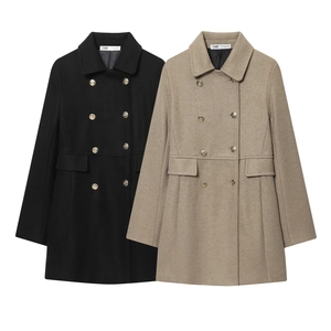 Women's Double Breasted Woolen Look Coat Elegant Mid Length Lapel Polyester Jacket With Gold Buttons Long Sleeve Outerwear