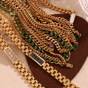 18K gold-plated Cuban chain necklaces and bracelets with colorful zircon and green enamel