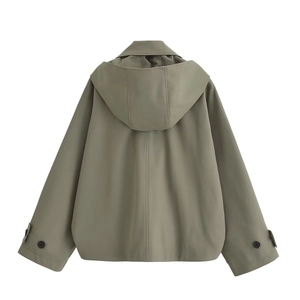 Women's casual hooded cape windbreaker jacket in army green shown from the back view