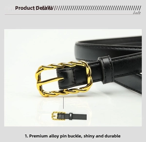Detailed close-up of a black leather belt with a golden twisted alloy buckle on white surface