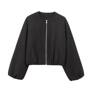 Detail of black long-sleeve bomber jacket with ribbed cuffs and round neck design
