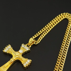 Goldenes Kruzifix-Kreuz Halskette mit Diamanten und klassischer Panzerkette