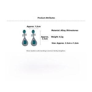 Detail view of water drop earrings with lake blue enamel, rhinestones and silver needles