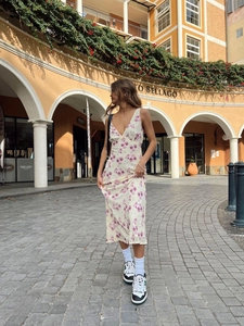 Floral Print Maxikleid Ärmellos Tiefer V-Ausschnitt Hohe Taille Urlaub Boho Stil Slim Fit Für Damen