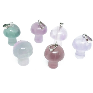 Mini natural stone mushroom pendants in quartz and crystal with silver metal clasps