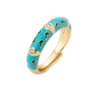 Adjustable gold plated ring with turquoise enamel, black hearts, and micro-set cubic zirconia