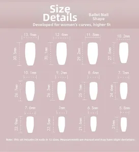 Size chart showing 12 dimensions for ballerina press-on nails with 24 pieces set
