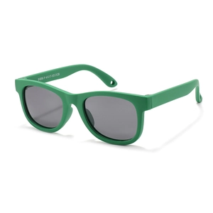 Kids green matte silicone sunglasses for toddlers with grey lenses shown at 45 degree angle