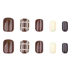 Short square dark brown press-on nails set with classic plaid and textured patterns