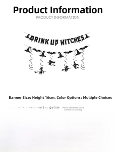 Macro detail of DRINK UP WITCHES glitter banner and bat swirl hanging party decorations