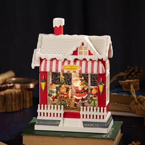Luminous Santa's Workshop music box with Christmas tree and elves in miniature