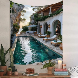 Detail of bohemian wall tapestry featuring a luxury Mediterranean pool and villa landscape