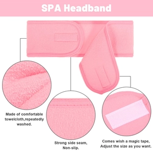 Detail view of pink spa headband showing magic tape and soft towelcloth texture