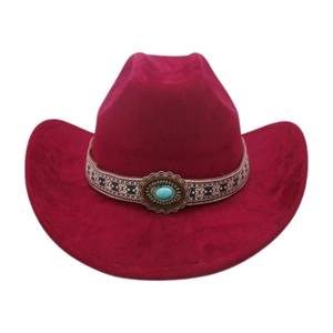 Detail of western cowboy hat featuring woven band and turquoise gemstone accent