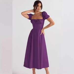 Elegant purple puff sleeve floral maxi dress with square neck and high slit for summer