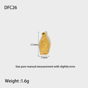 Macro view of gold-plated stainless steel religious pendant with dimensions and weight
