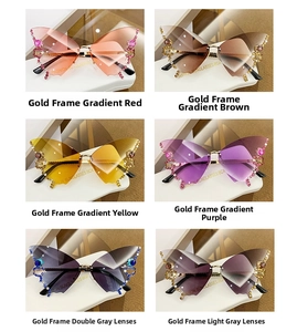 Detail of frameless butterfly sunglasses in six colors with diamond-encrusted gold frames