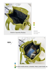 Detail view of large canvas tote bag interior with magnetic snap and multiple compartments
