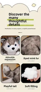 Detail of plush husky toy with soft mink velvet texture and vivid blue eyes