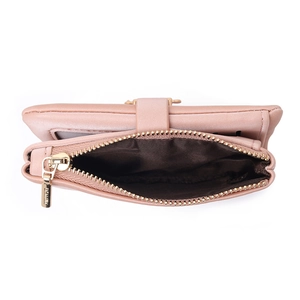 Pink PU leather wallet for women featuring golden zipper pocket and buckle closure