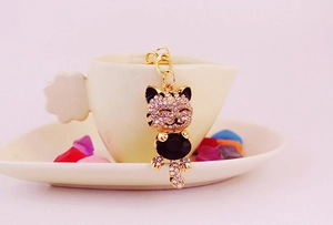 Close-up of lucky cat keychain with sparkling rhinestones and black gemstone detail