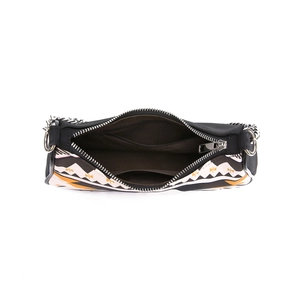 Top view of Aztec print shoulder bag with silver zipper and spacious brown interior