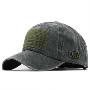 Vintage washed charcoal baseball cap with USA embroidery and distressed flag patch detail
