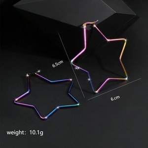 Detailed view of 6.5cm titanium steel star earrings with rainbow iridescent plating