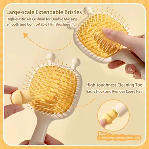 Cute bee massage hairbrush with built-in hair cleaning tool and ergonomic air cushion