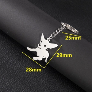Porte-clés silhouette de chien Chihuahua en acier poli avec mesures de taille détaillées