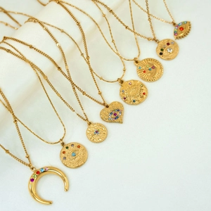 14k gold plated stainless steel necklaces with colorful crystals in sun, moon and heart shapes