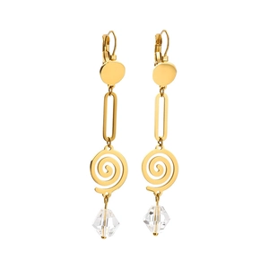 Golden spiral titanium steel drop earrings with clear faceted crystal pendants
