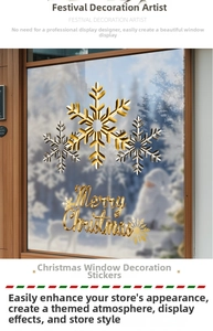 Detail of gold and silver snowflake decals with Merry Christmas text on a glass window