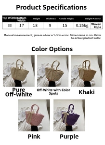 Detailed size chart and five color variants of the straw bucket bag with bow detail