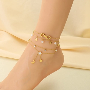 Bracelet de cheville doré multicouche avec symbole infini, étoiles, perles et lune