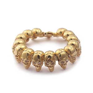 Bracelet Crâne Hip Hop Homme Acier Inoxydable 316L Plaqué Or Strass Bijoux Gothiques Accessoire Punk Pour Motard