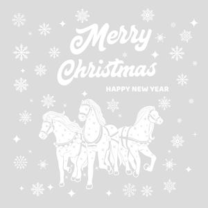 White Christmas horses static window decals with snowflakes and festive greetings