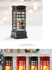 Detail of vintage Christmas telephone booth lanterns in bronze and red with LED lights
